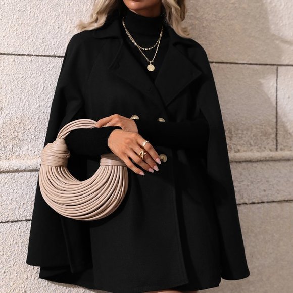 Black Casual Womens Double Breasted Cloak Sleeve Cape Overcoat - Picture 5 of 5